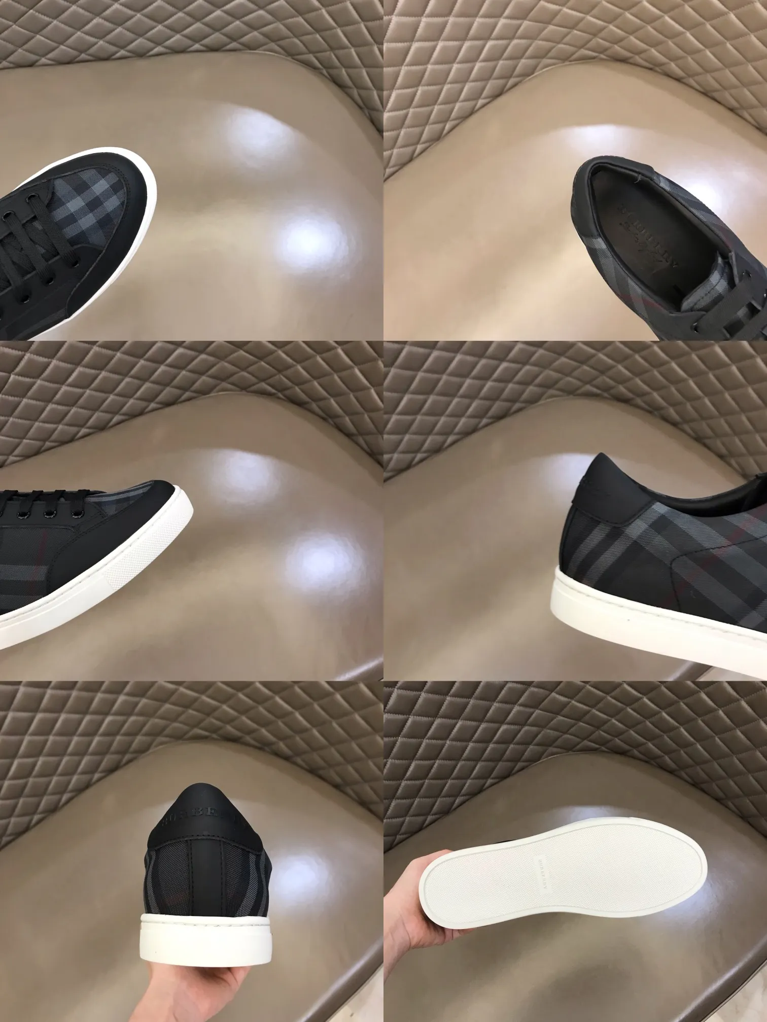 p360 "BURBERR*" men's classic low-top sneakers are reinterpreted in Vintage checkered cotton and matte calfskin, decorated with a new brand logo. First-layer sheepskin lining, embossed Burberry logo on the heel, and original TPU outsole! Size: 38-44